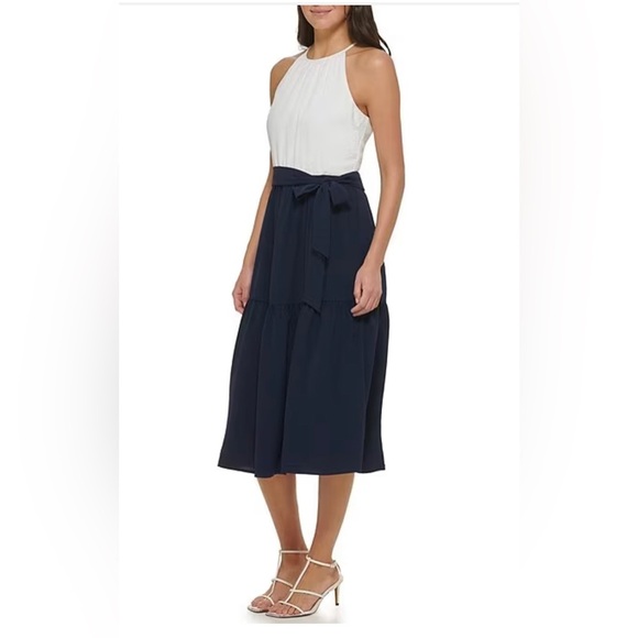 DKNY ivory navy blue colorblock Halter Sleeveless Tie Waist Tiered Dress size 12 - Picture 1 of 3